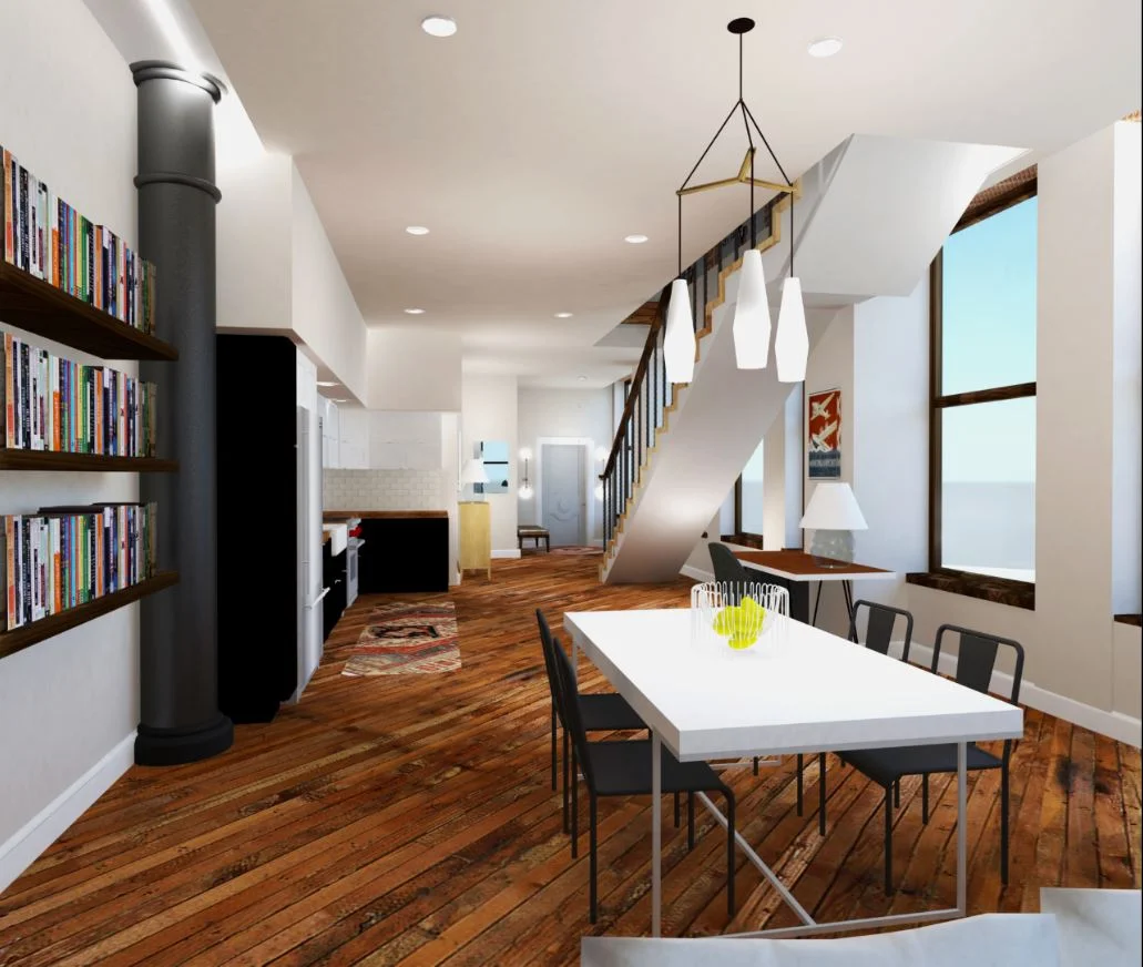 Levels 6-7: The open floor plan was designed for easy living, from the dining room-library to the ample built-in storage and modern finishes. Reclaimed hardwoods are used in all units.