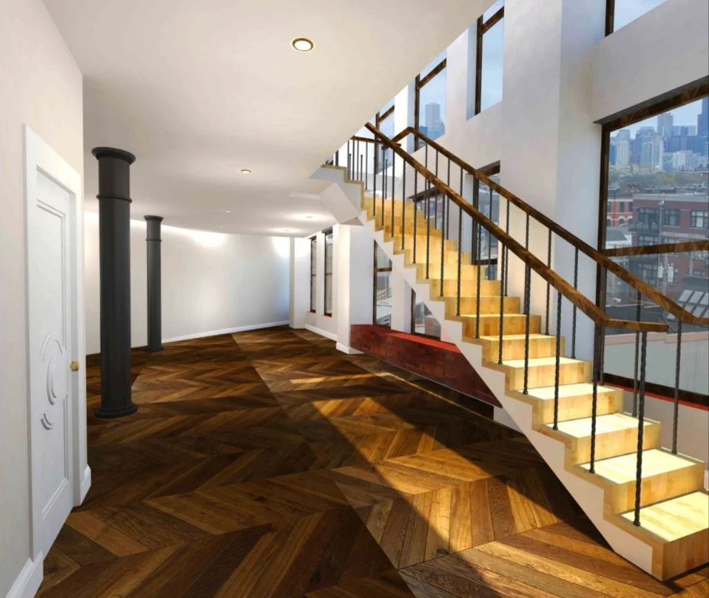 Levels 8-9: Entering the southern unit on Level 8, a prospective tenant's first impression of the space and its potential to customize for their needs and tastes.