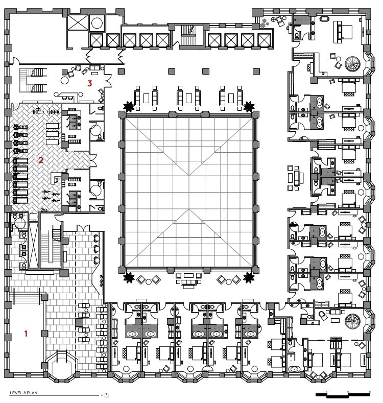 Level 8 Floor Plan: Typical Guest Room Floor (Levels 3-9)  1-Pool  2-Fitness  3-Spa Registration (Spa stacked on Levels 7-9)