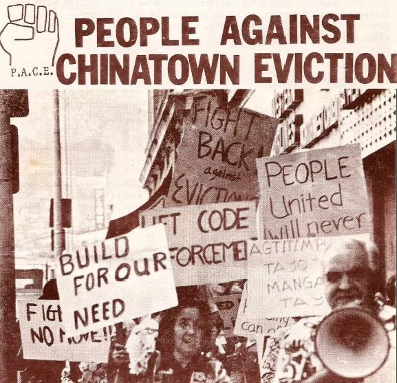 A flyer from the 1970s effort to stop evictions in Chinatown. The grassroots movement was successful in pushing for affordable housing construction that suited resident needs.