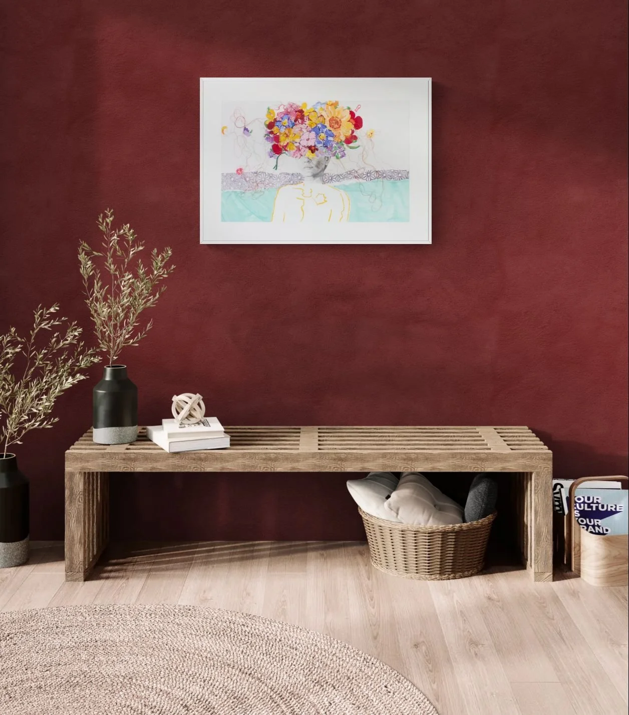 Yellow - Wall Art - Boho-themed interior with wall niche and dark red wall.jpeg