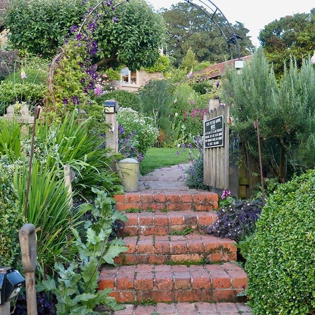 Up the garden path. #bricksteps #mygardennow #cottagegarden #clematis
