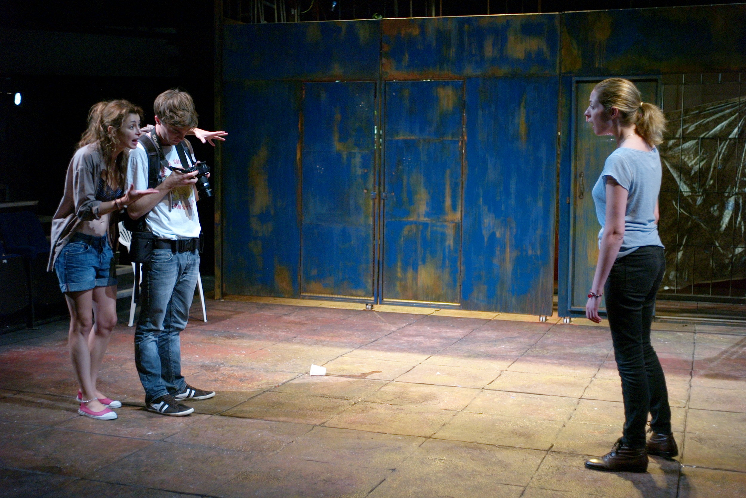  Orla Fitzgerald, Jack Farthing and Julie Dray in Bang Bang Bang  Under Max Stafford-Clark's smart direction, the only clanking comes from    Miriam Nabarro's    astute set, its mobile metal walls as hard and cold as gun casings, and as ineffective a