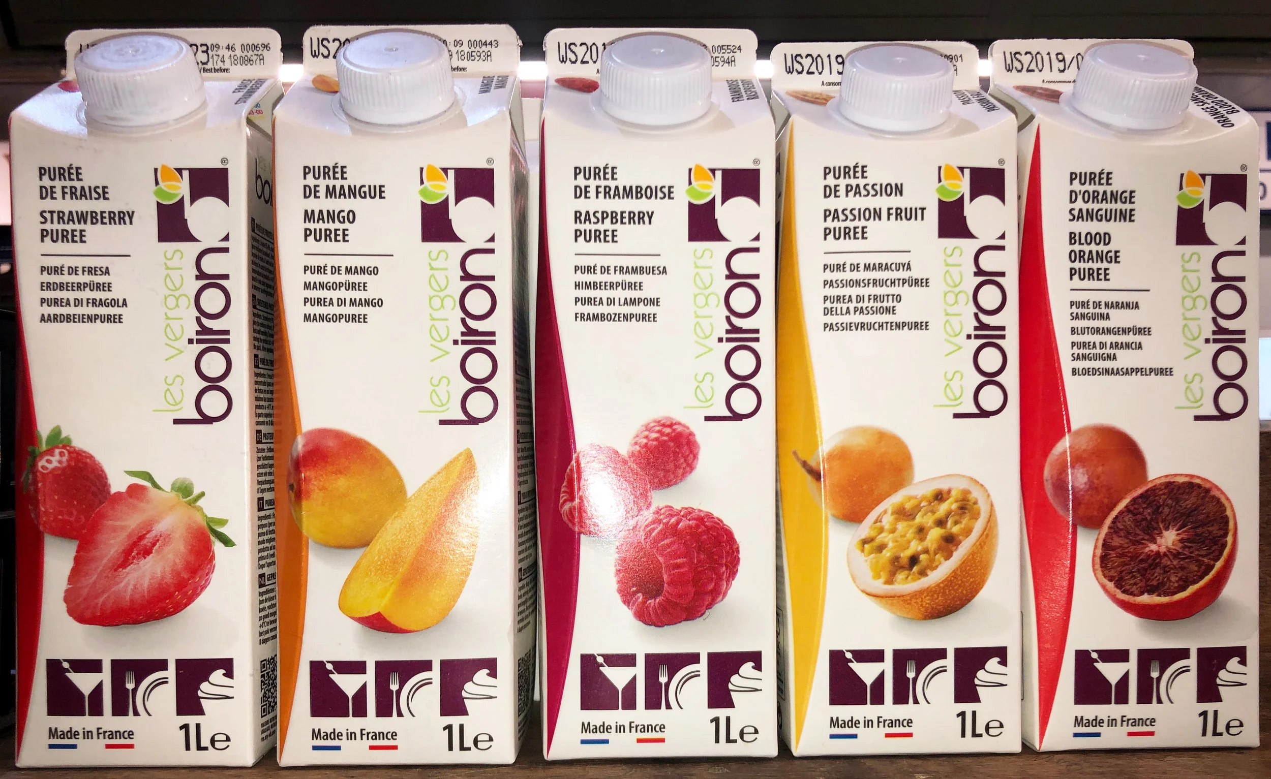 NEW! Boiron ambient purees: 1 litre cartons (6 to box) also sold as units. Raspberry (£6.25), blood orange (£5.35), pineapple (£5.35), yellow peach (£4.45), passion fruit (£6.25) and more