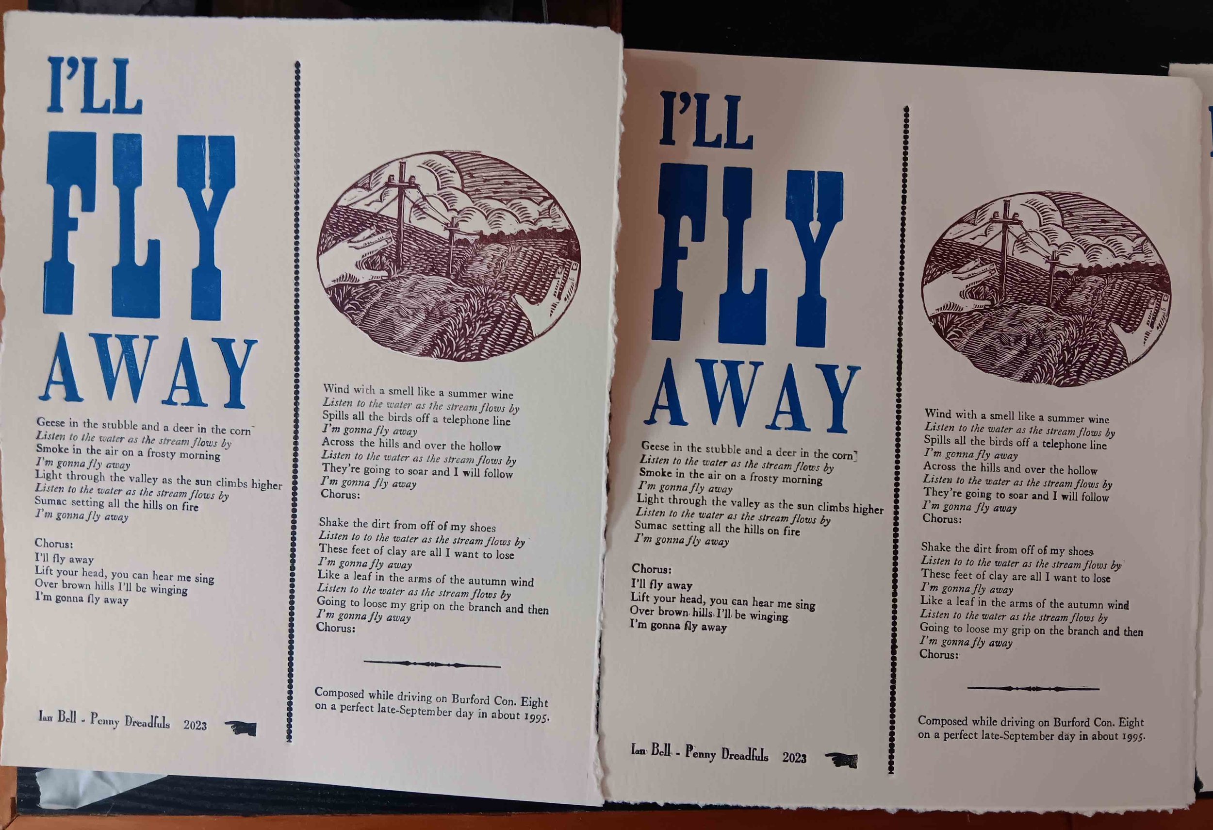 I'LL FLY AWAY - Song by Ian Bell; Wood Engraving &amp; Hand-set Type