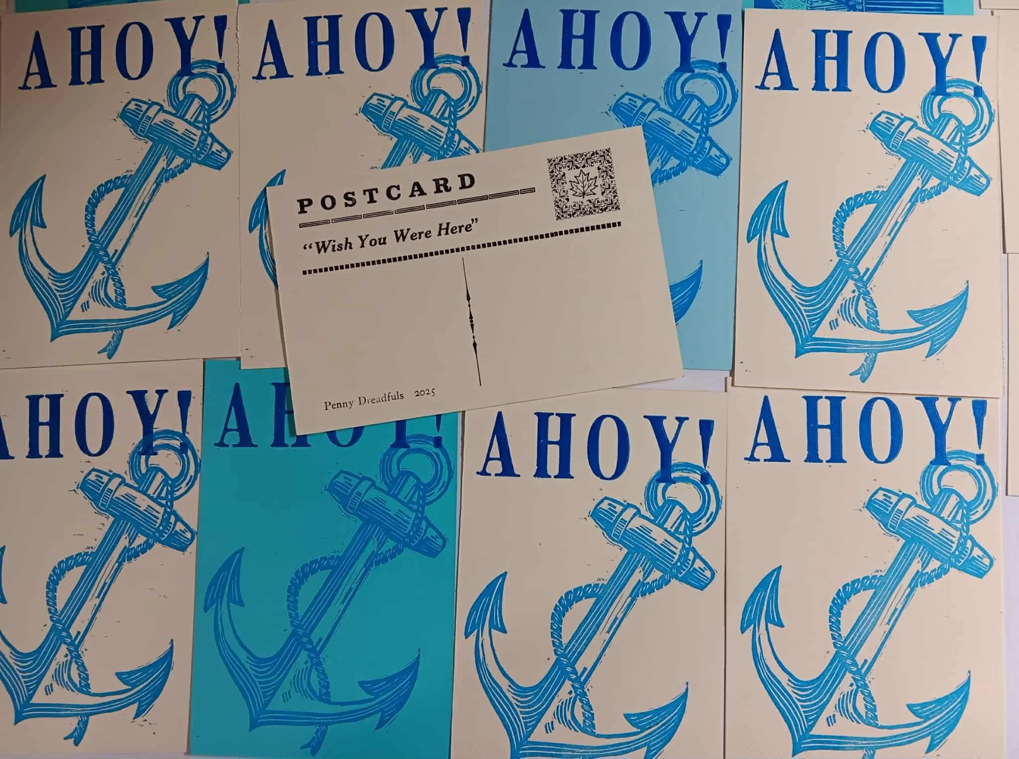 AHOY ANCHOR - postcard,  linocut and letterpress 4 X 6"