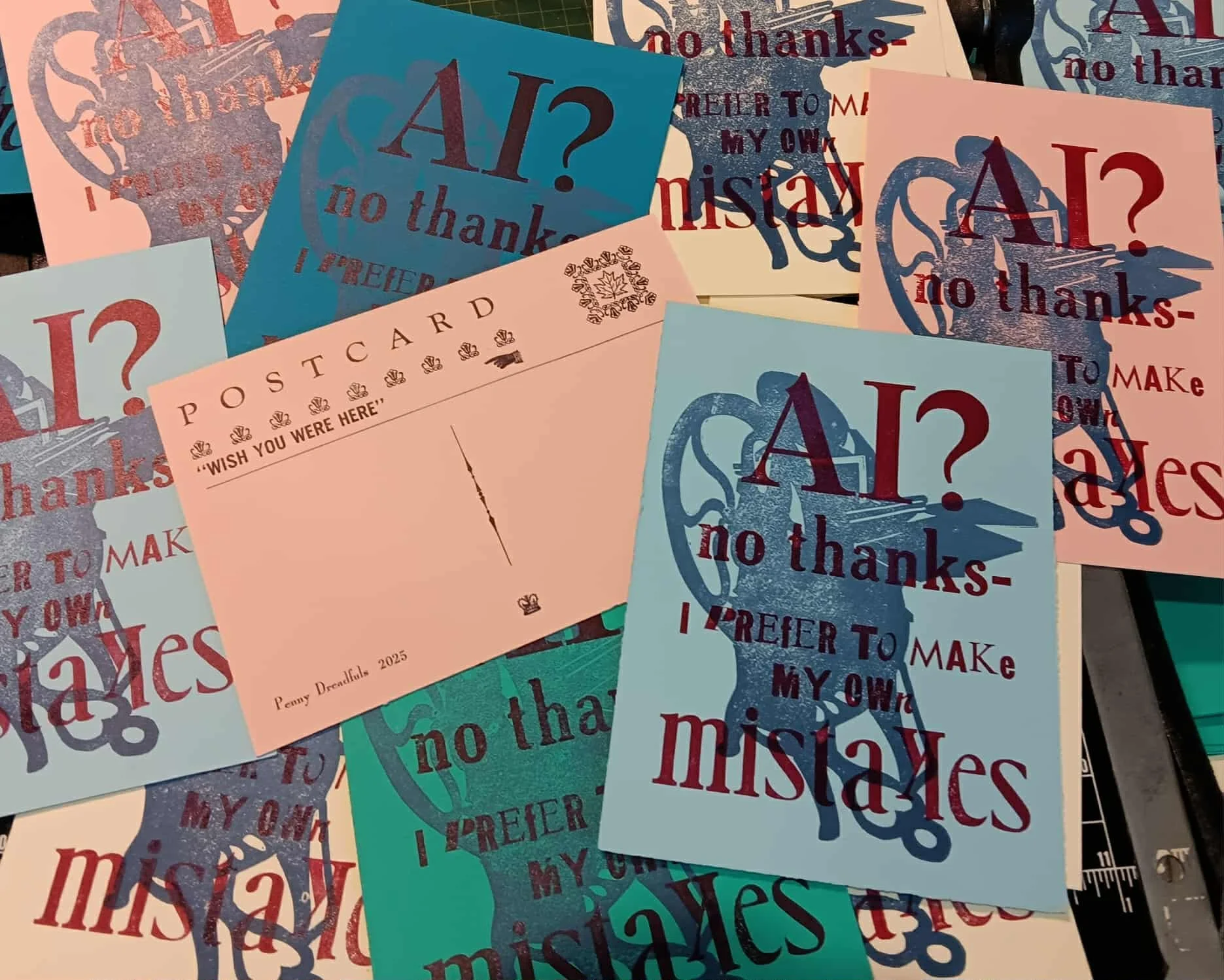 AI? NO THANKS - postcard,  linocut and letterpress 5 X 7"