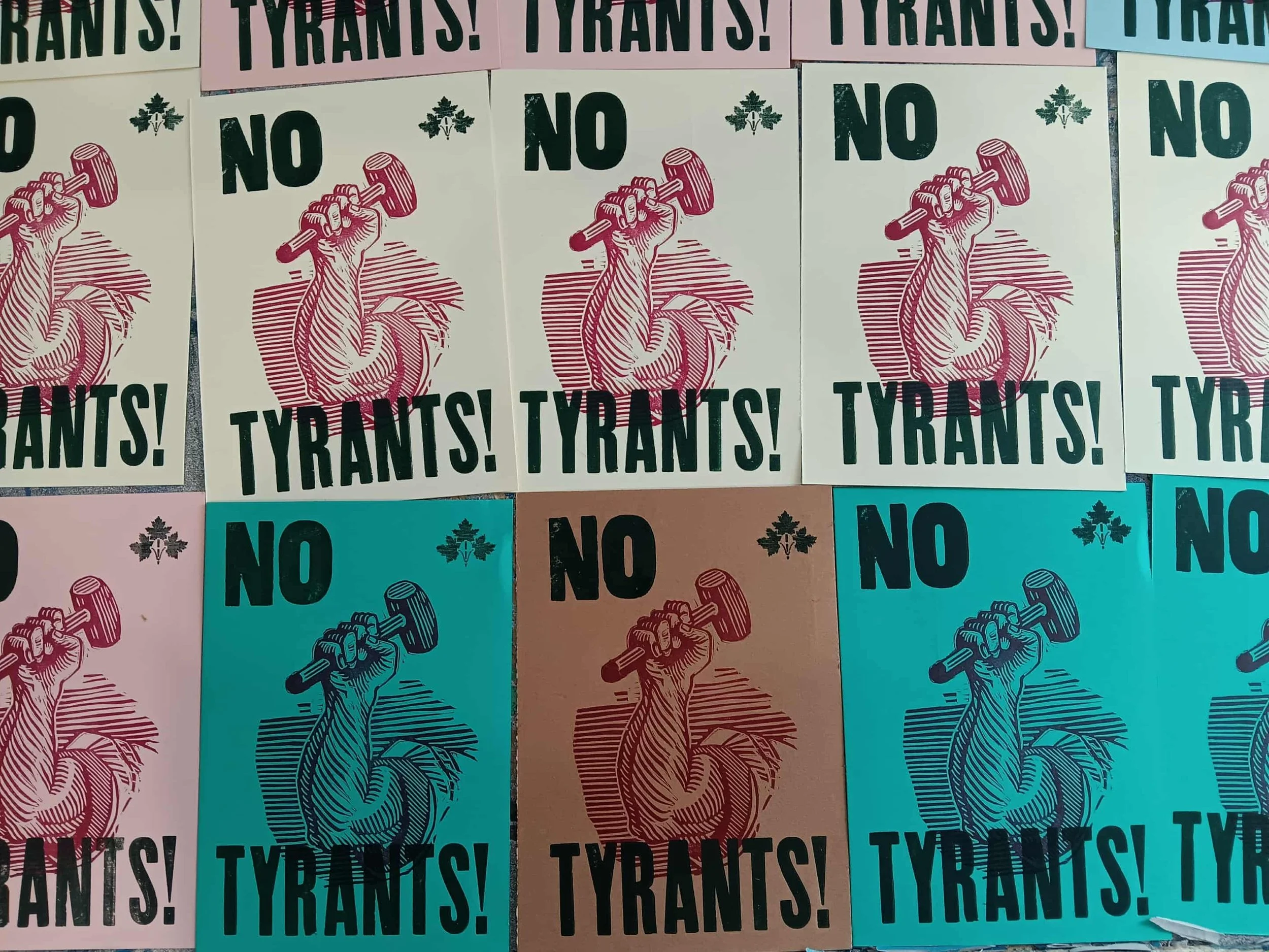 NO TYRANTS- postcard,  linocut and letterpress 5 X 7"