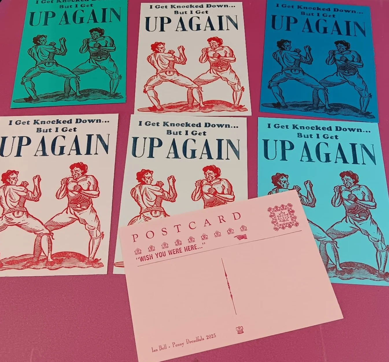 I GET KNOCKED DOWN - Postcard, linocut & letterpress 4 X6"