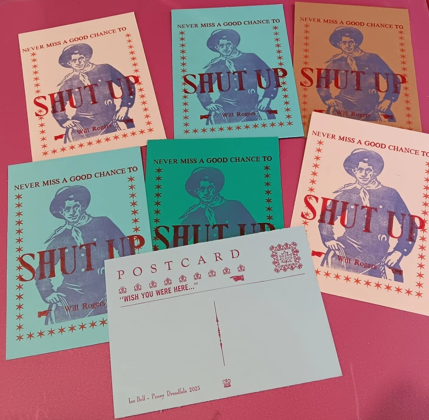 SHUT UP- postcard,  linocut and letterpress 5 X 7"