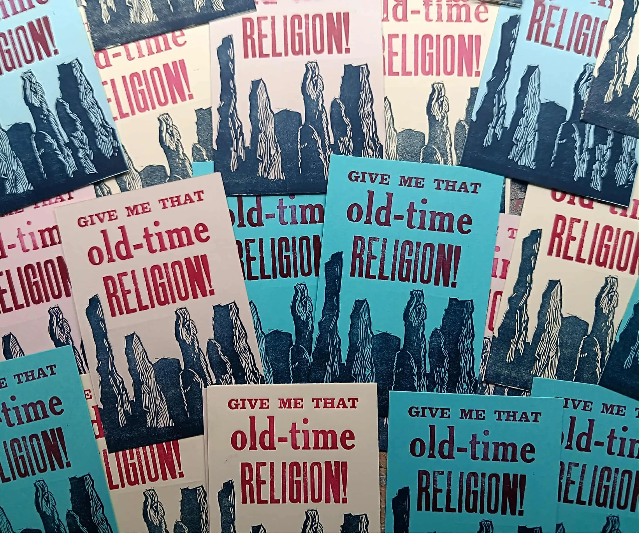 OLD TIME RELIGION- postcard,  linocut and letterpress 4 X 6"