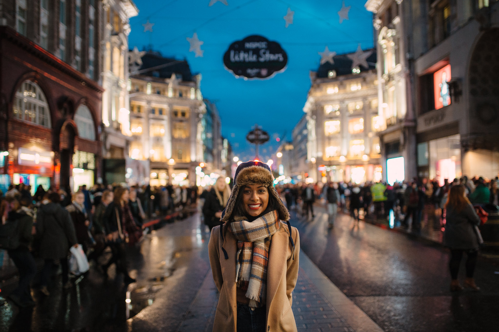 woman in london street during christmas