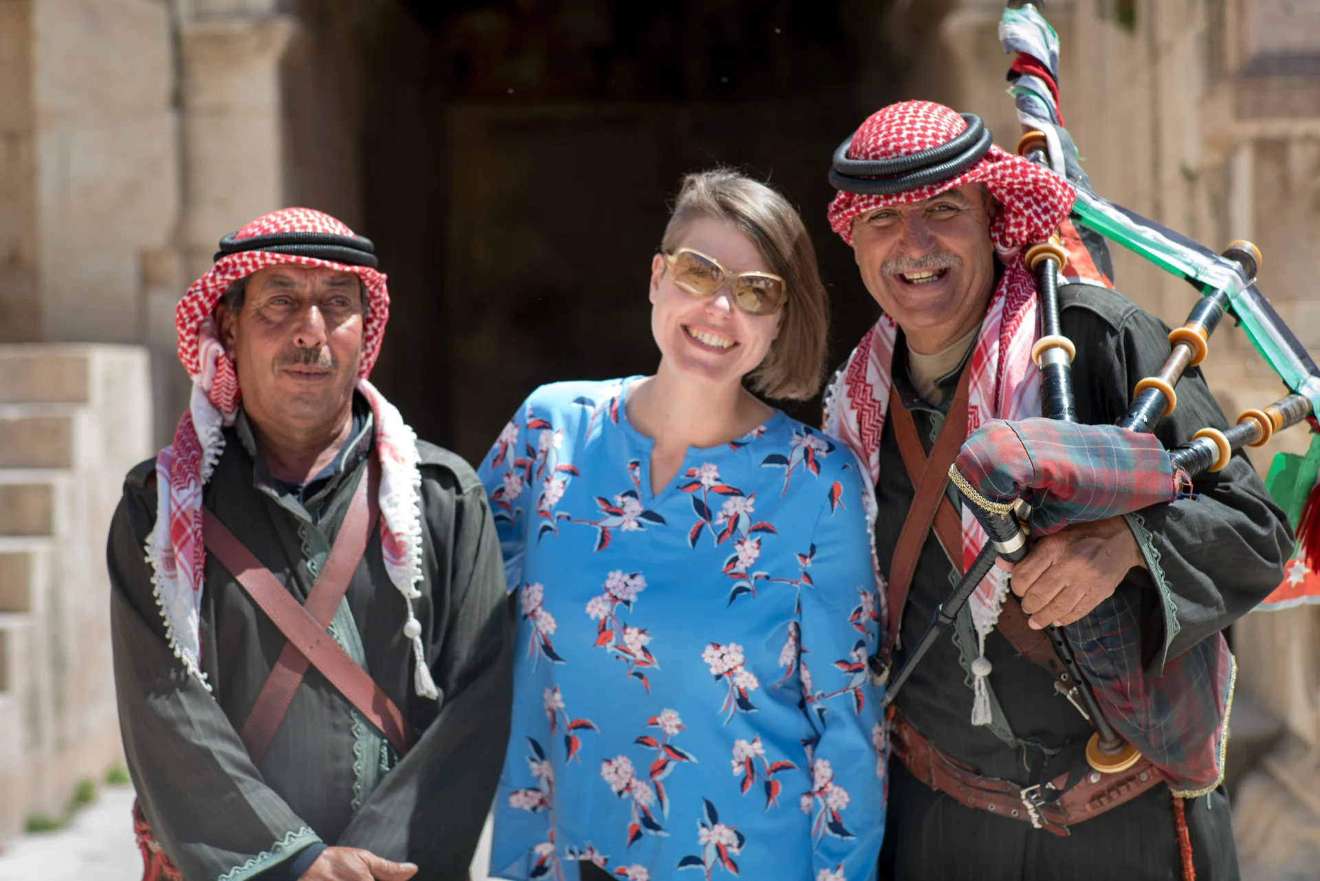 Jordanian musicians playing the bagpipes +