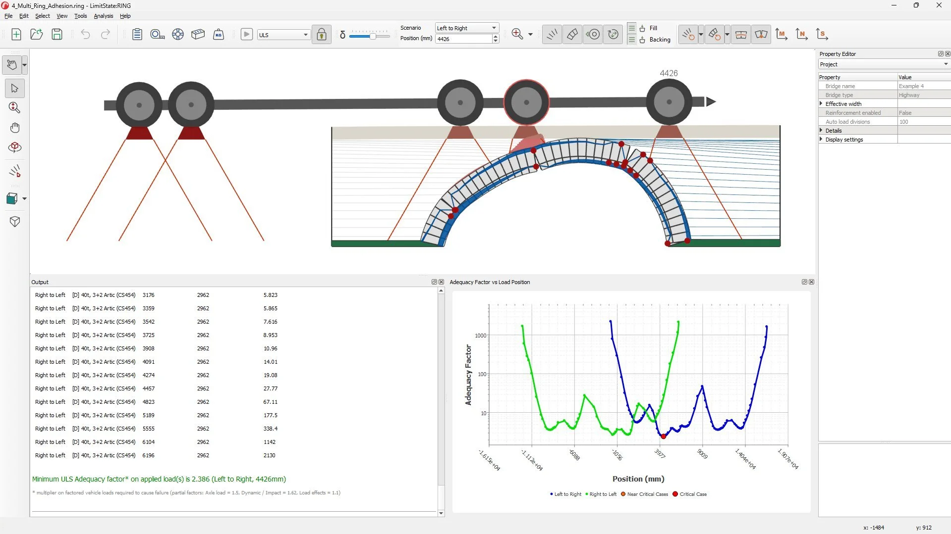 Screenshot of a masonry arch bridge analysis in RING 4.0.8