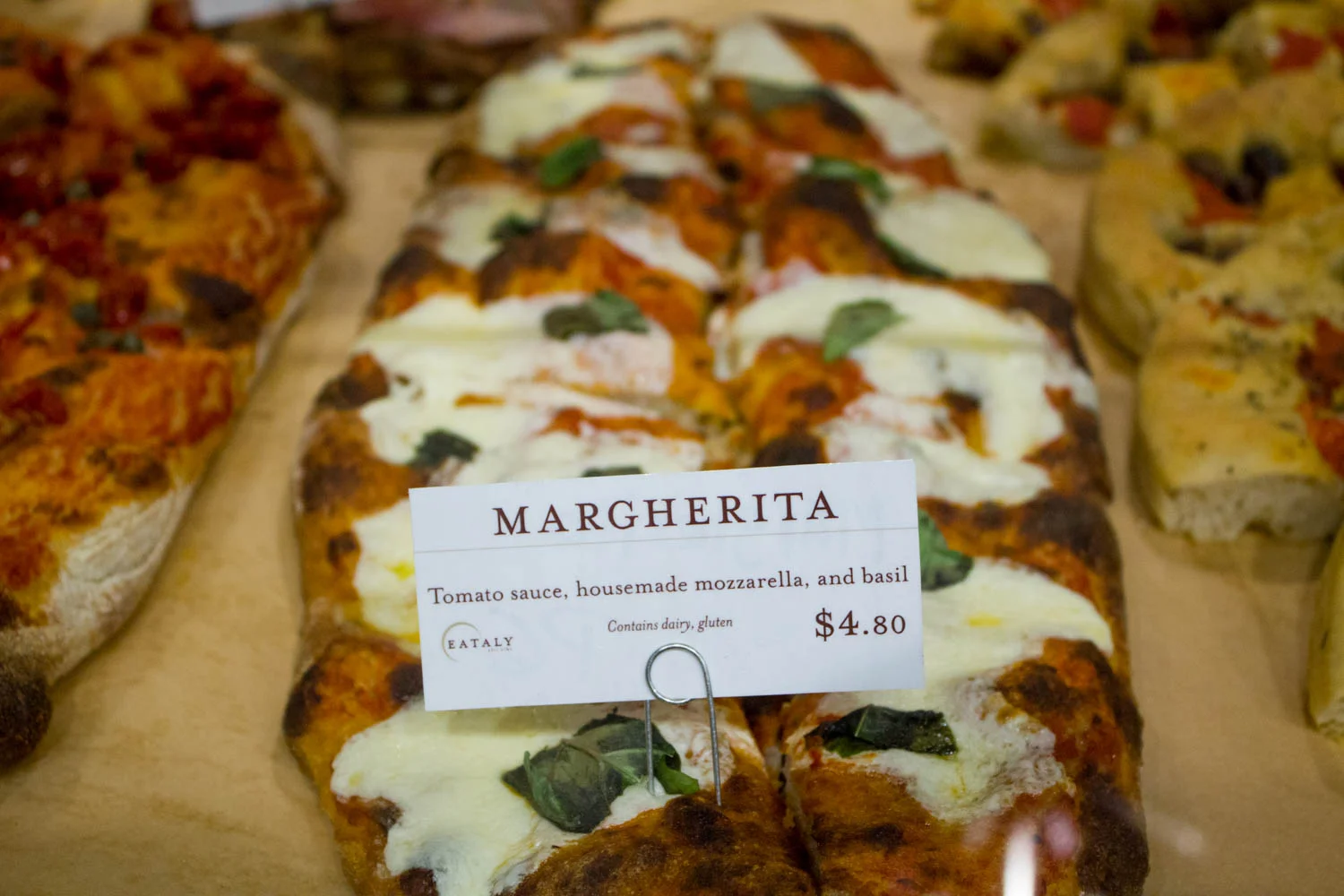 Pizza on display at Eataly. 