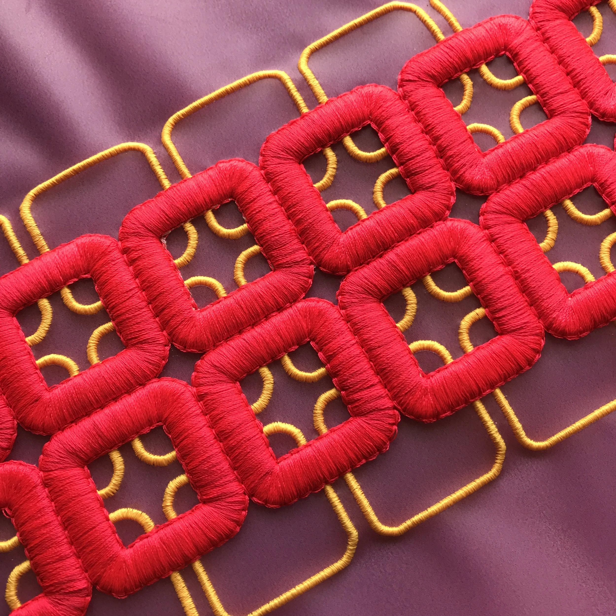 Bright neons and 3D structures on semi transparent foil. Design: GS UK, Fabric: Frizza Italy