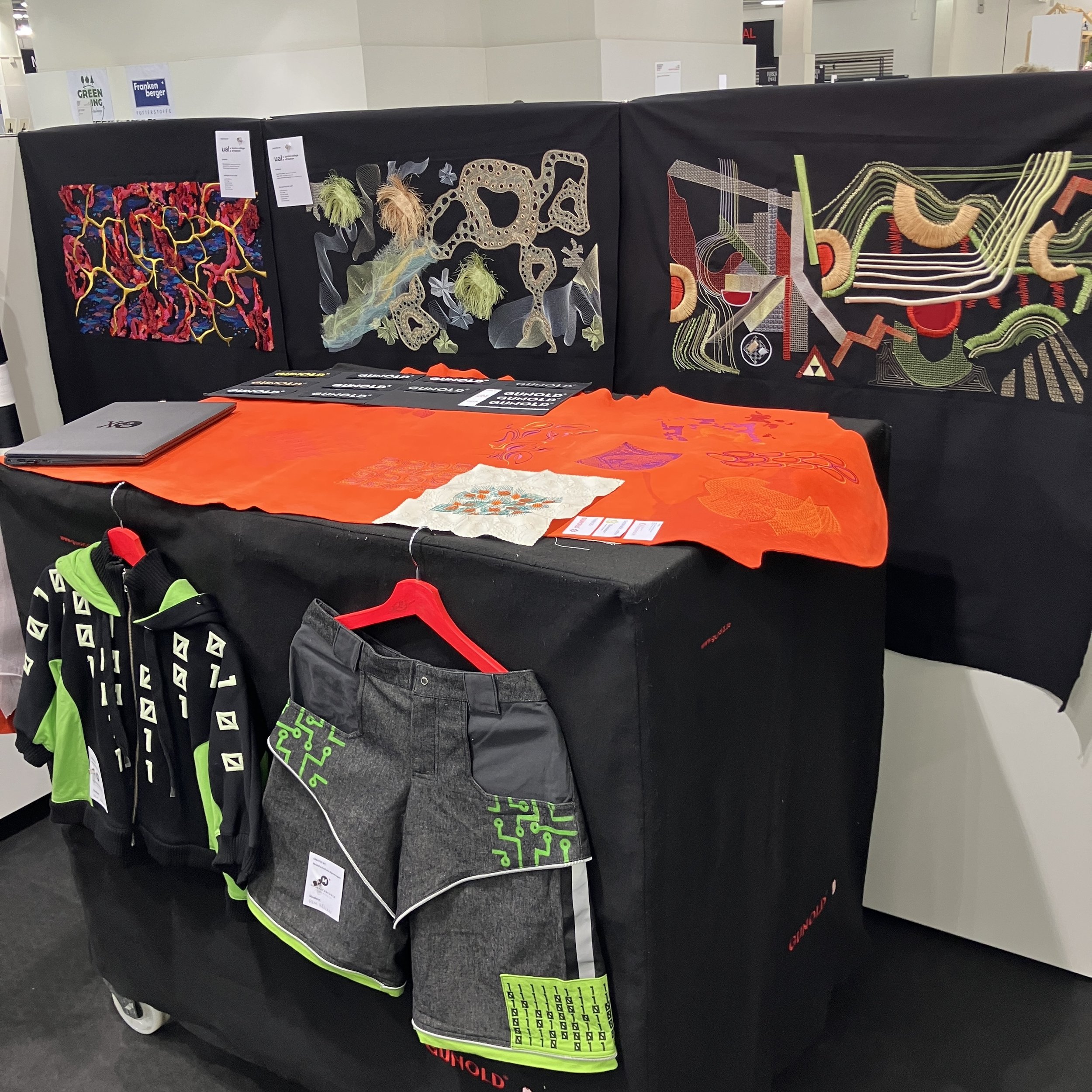 Gunold booth - embroidery panels created by students from London College of Fashion / garments created by Kim Härlen, Modefachschule Sigmaringen