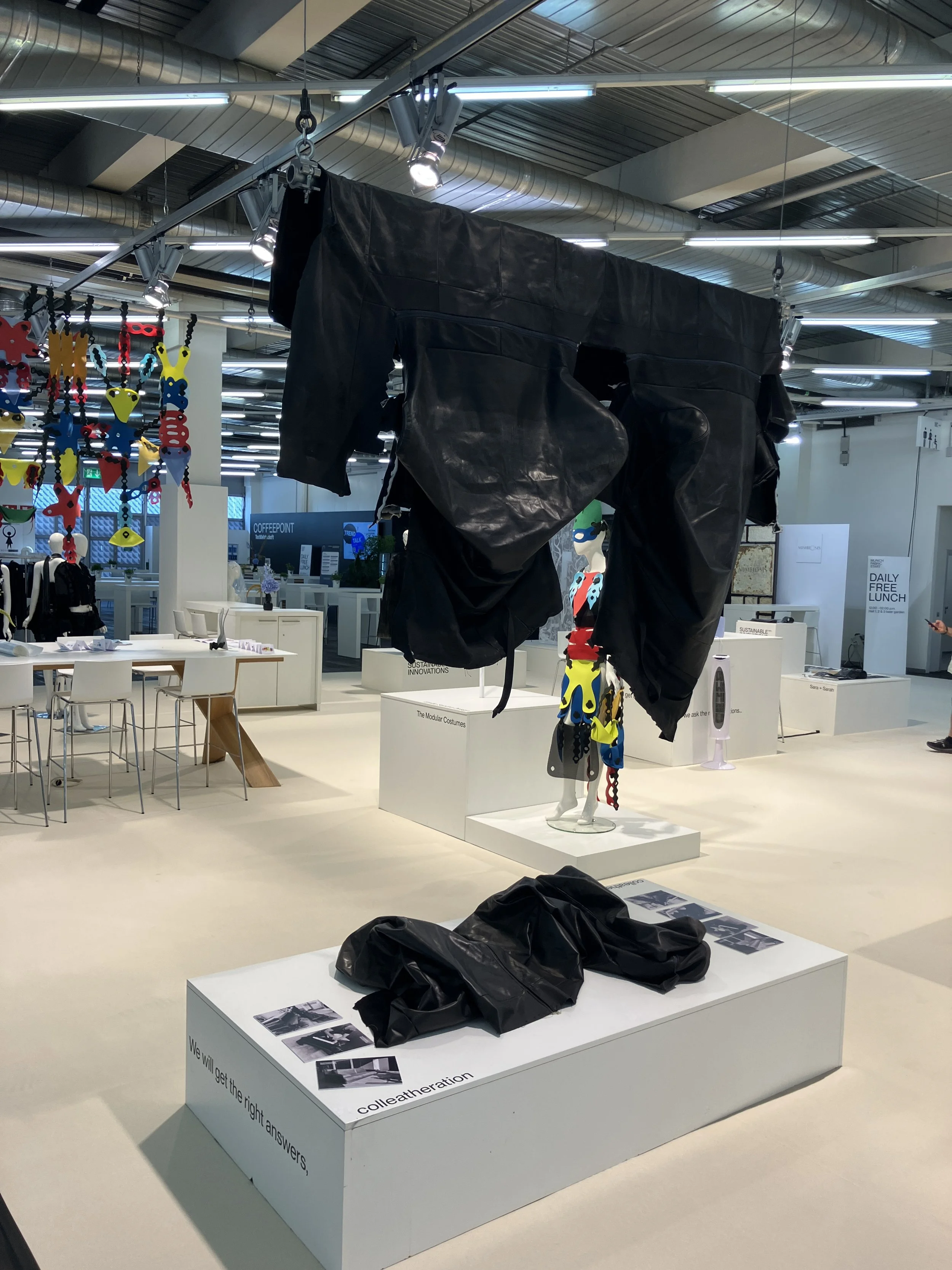 Leather Outfits created by students from Modefachschule Sigmaringen, presented&nbsp; in Simon Angel’s Sustainable Innovations Forum during Munich Fabric Start in July 2026. Leather: La femme qui rit