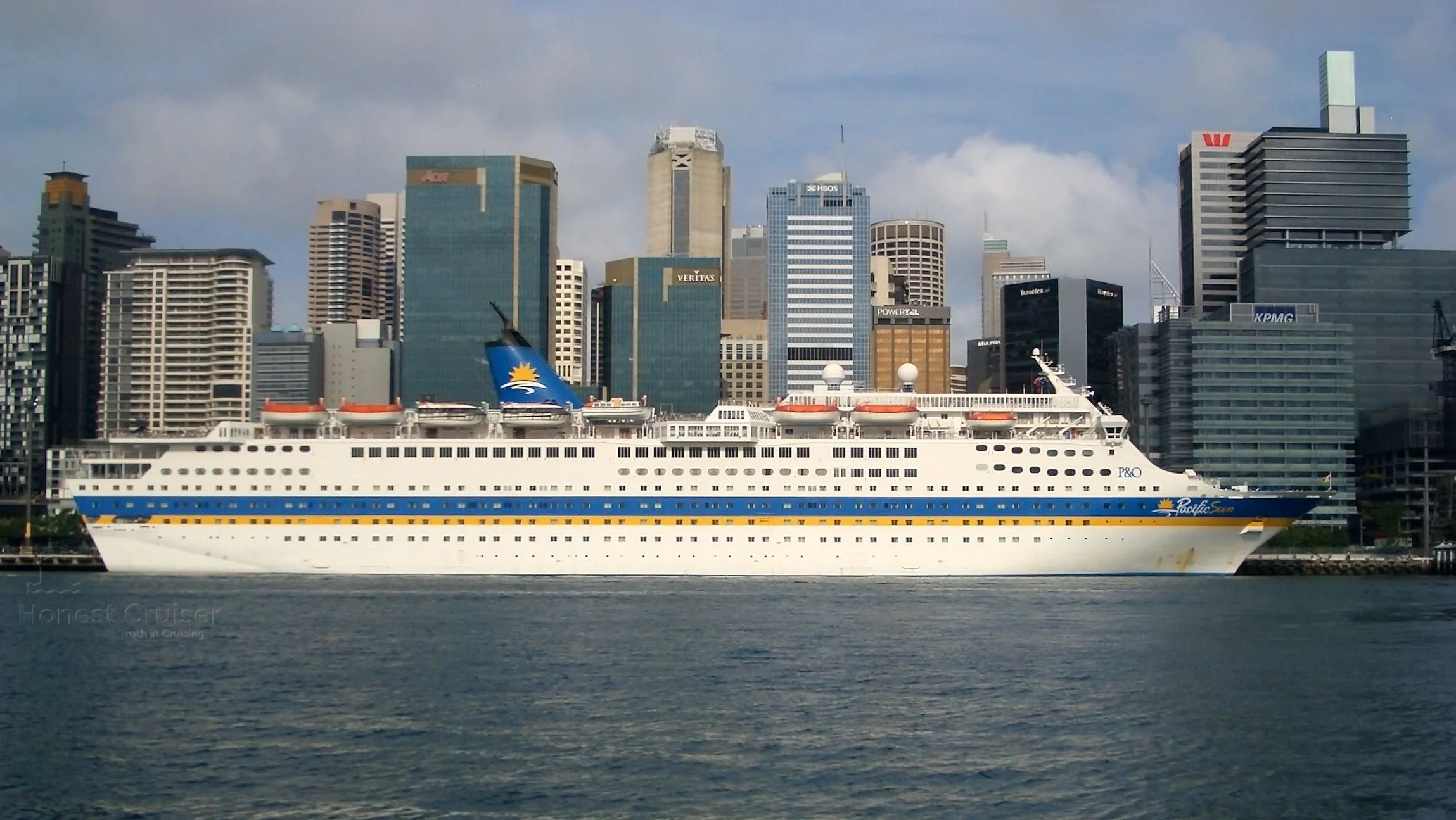 Magellan's near sister Pacific Sun (ex-Jubilee), seen here in Sydney, has had her trademark Carnival funnel 'wings' removed.