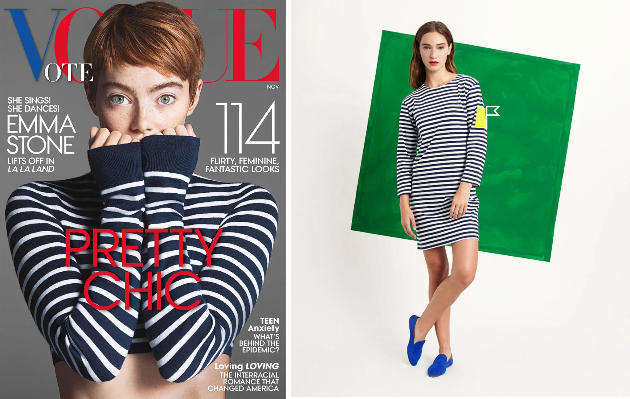 Classic stripes on the November 2016 cover of Vogue , and Charlotte Patch Pocket Bateau Dress by Sleepy Jones