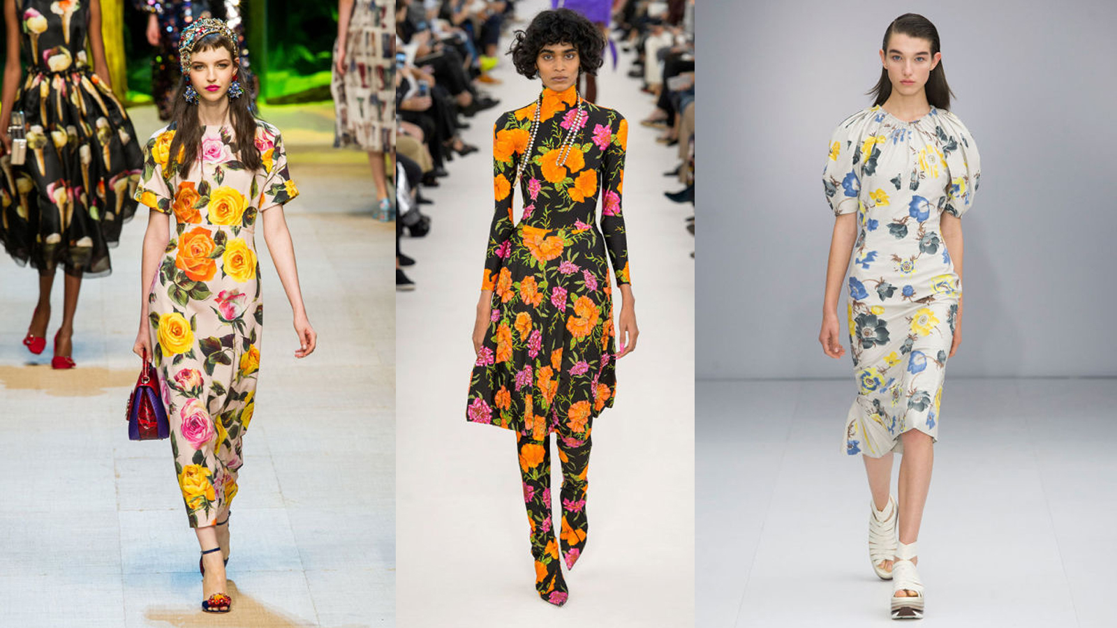 Spring '17 looks from the runways of Dolce & Gabbana , Balenciaga and Salvatore Ferragamo . All photos via Harpers Bazaar "The Flower Show."