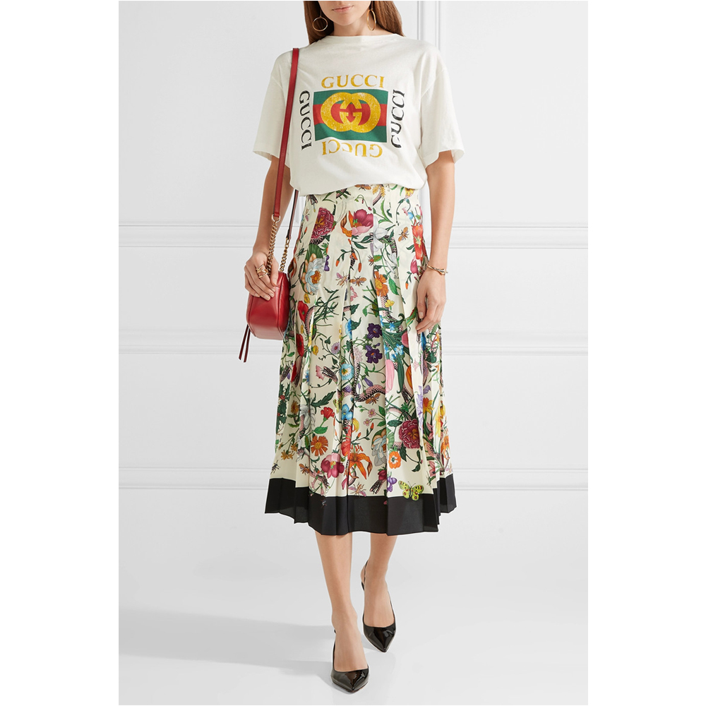 GUCCI Pleated floral-print silk crepe de chine midi skirt