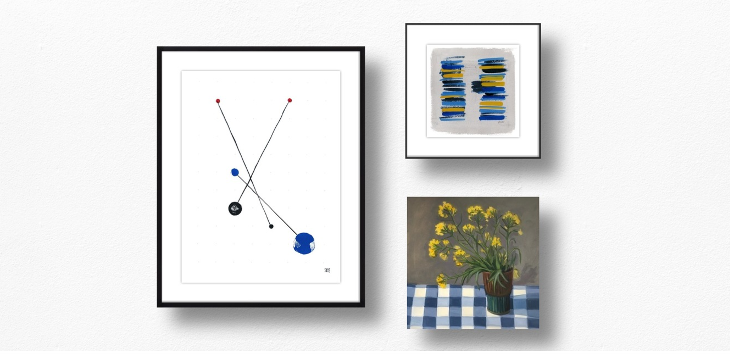 (From left to right) 2 black 2 red 2 blue by Skye Schuchman , Untitled by Ashley D Begley , and Weeds by Marie Freudenberger . 