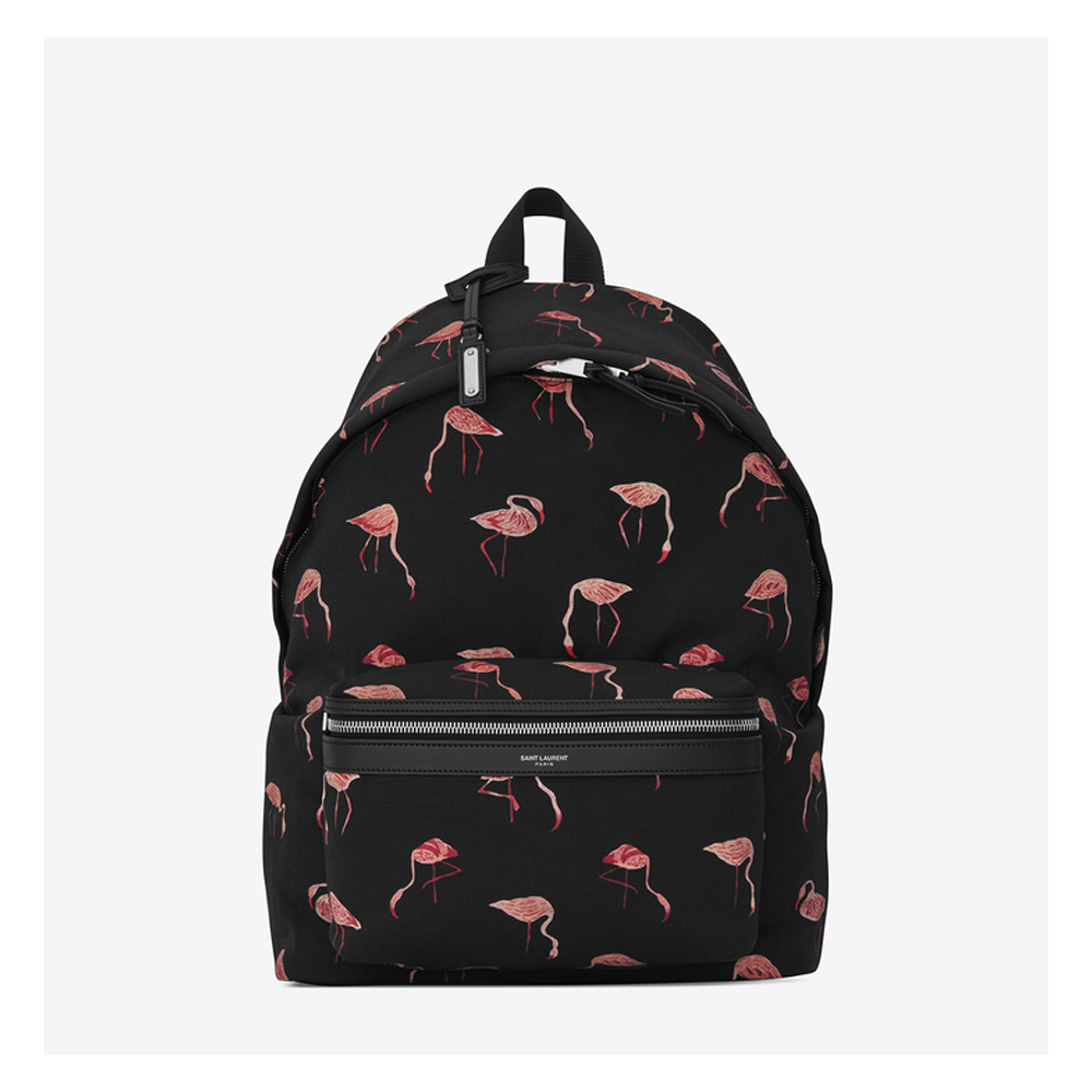 CITY BACKPACK IN BLACK AND PINK FLAMINGO PRINTED NYLON CANVAS AND BLACK LEATHER