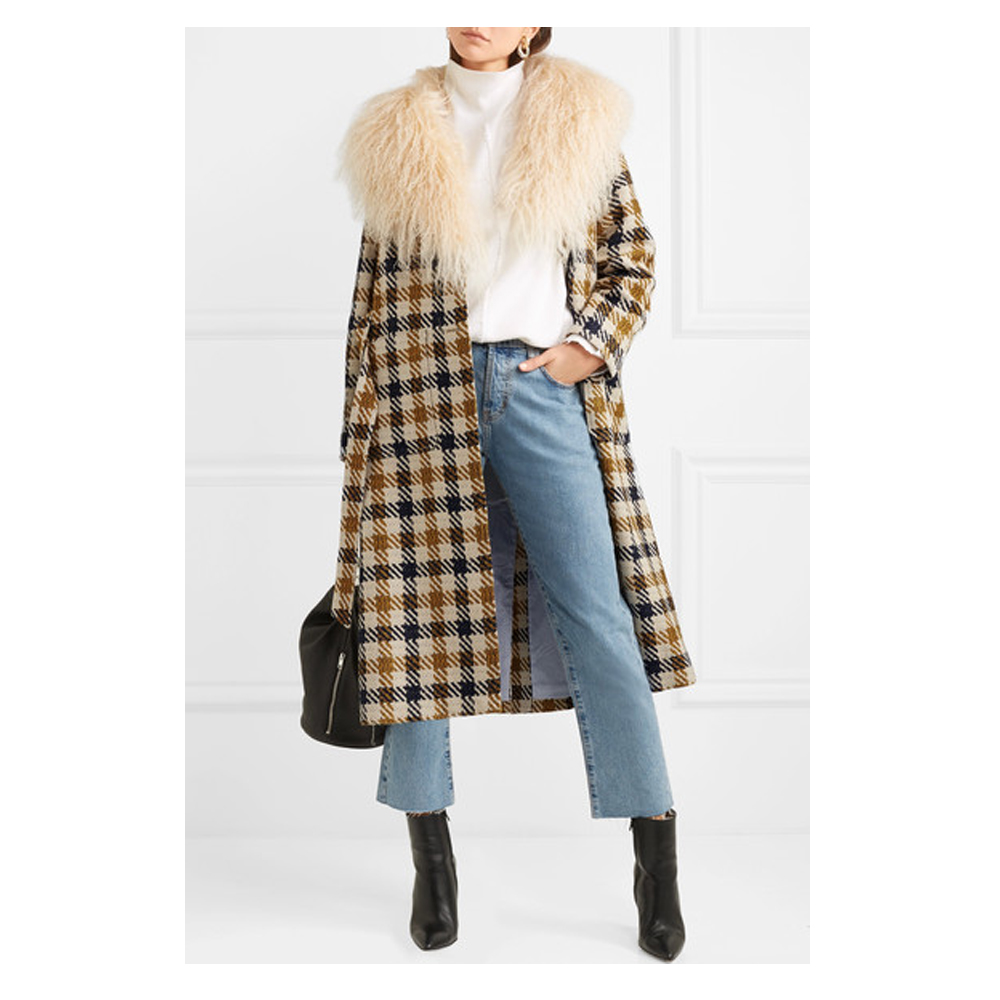 SEA Margot shearling-trimmed checked tweed coat