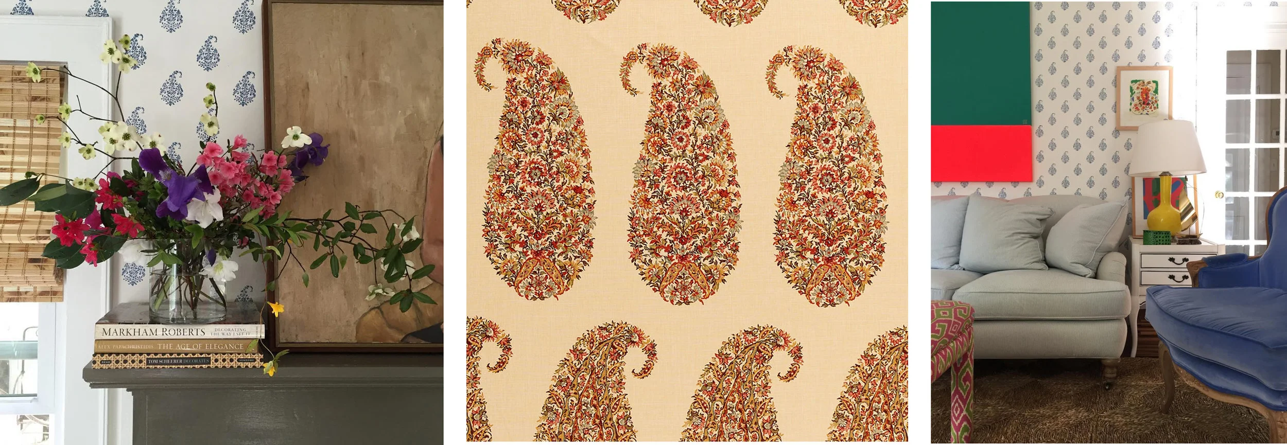 Kerala Paisley (shown far left and far right) by Whitney McGregor , and Shirala Paisley (center). 