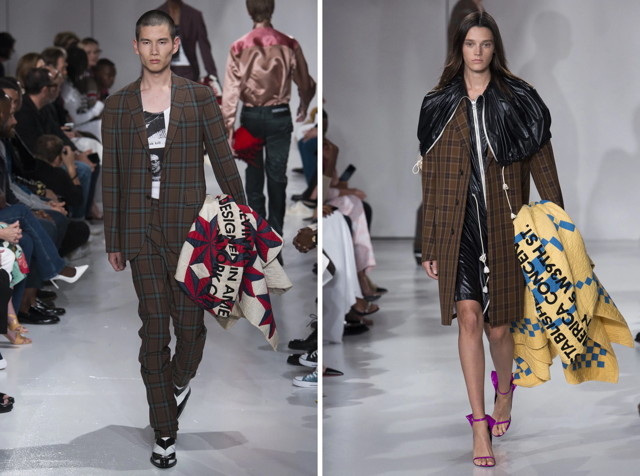 The Calvin Klein Spring 2018 Ready-to-Wear show featured statement quilts as runway accessories. 