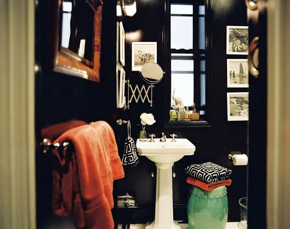 A Hollywood regency style bathroom designed by Ethan Feirstein & Ari Heckman via Lonny .
