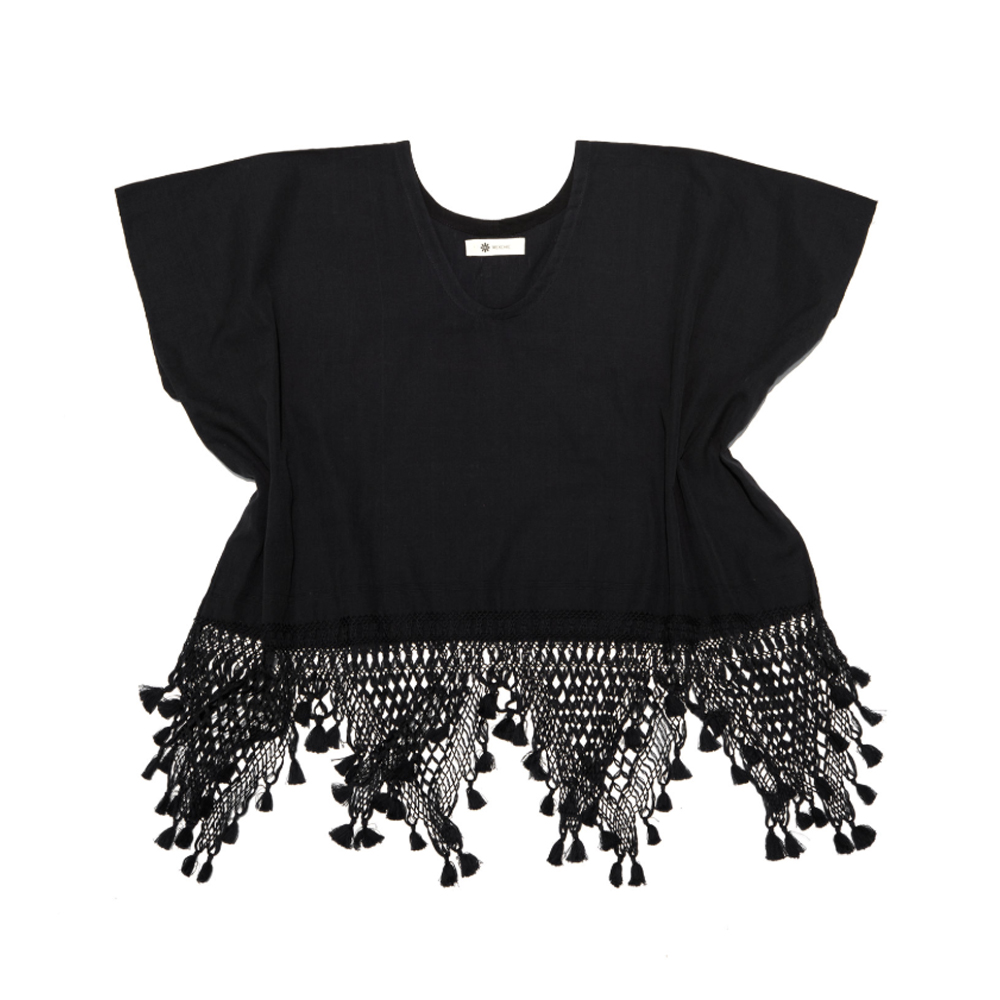 Cotton Crop Top with Triangle Fringe and Pom Poms