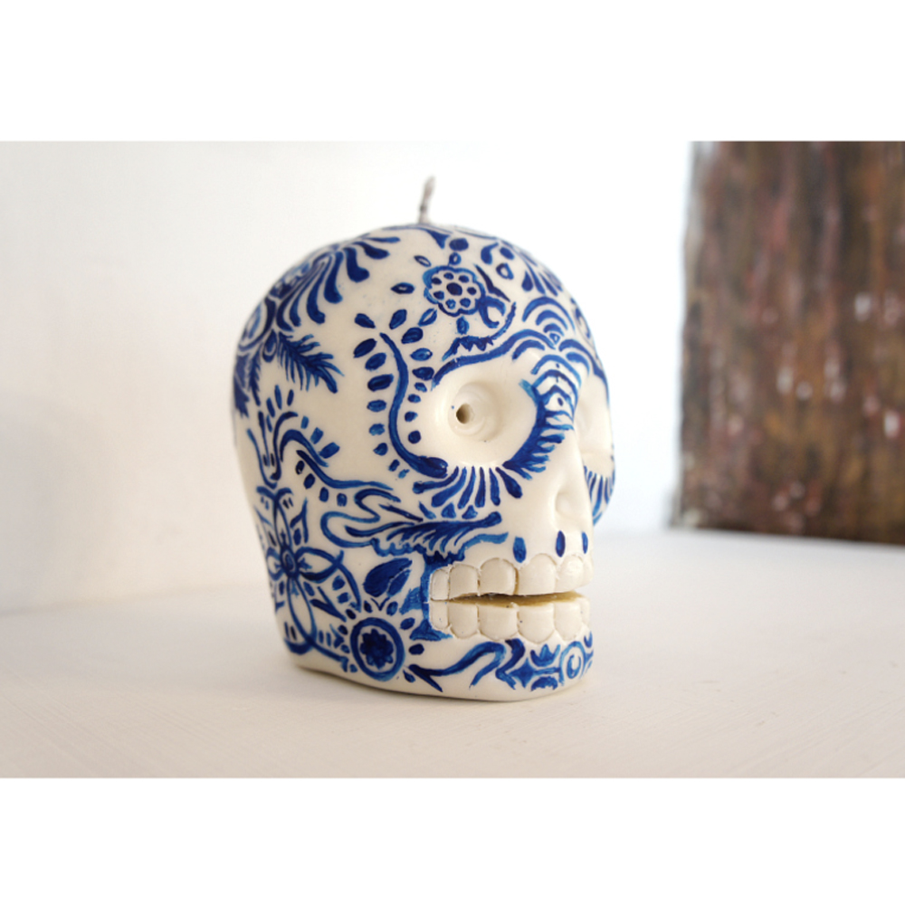 Skull Candle, Hand Painted Talavera Blue and Gold