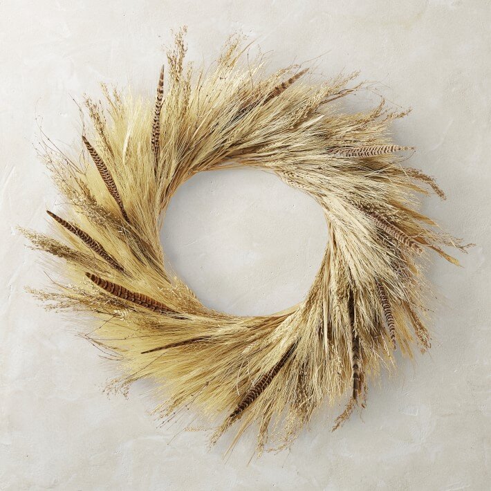Corn Husk and Pheasant Feather Wreath, 30"