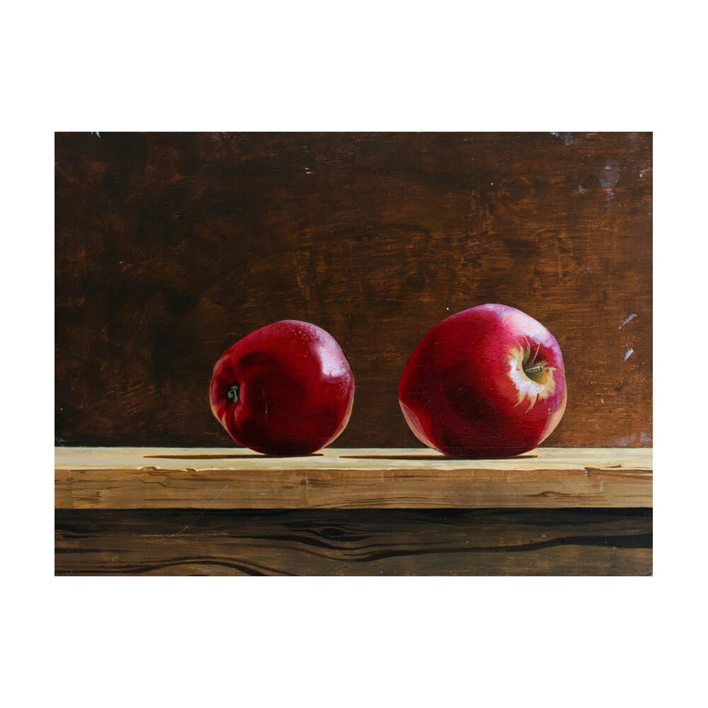 Two apples on the wooden table.  BY HANNAH BARLAG