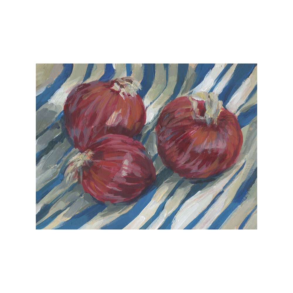 Three Red Onions on Blue Stripes  BY CARRIE ARNOLD