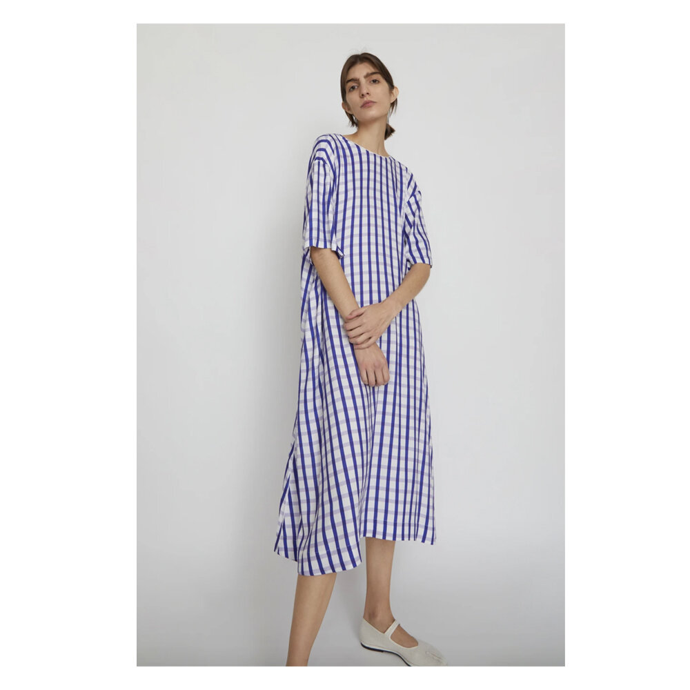 INSHADE Bow Back Dress in Blue and White Check