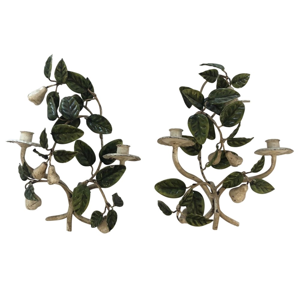 Lovely Pair of Tole and Iron Painted Pear and Leafy Wall Sconces