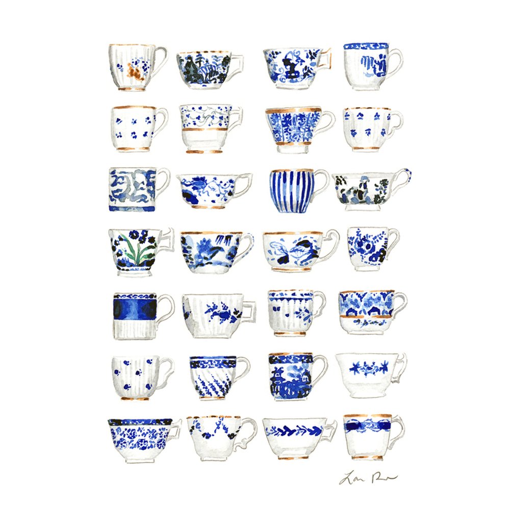 Blue and White Pattern China Teacups Watercolor Painting  BY LAURA ROW