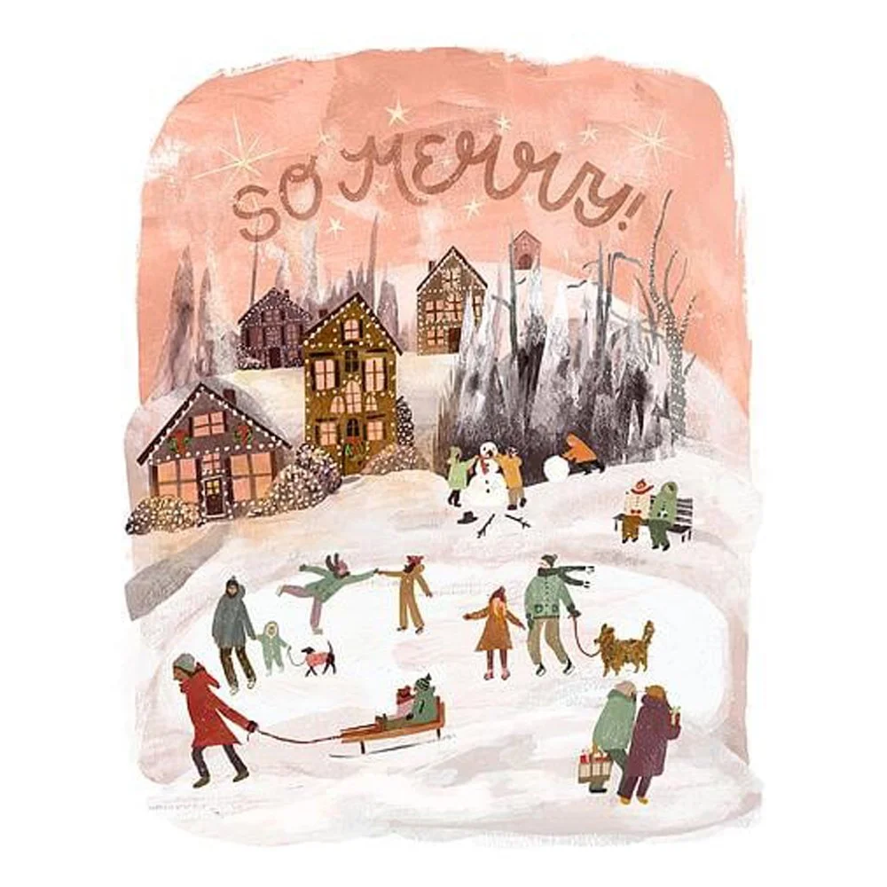 So Merry! - Whimsical Holiday Winter Folk Art Scene By Claire Hanley