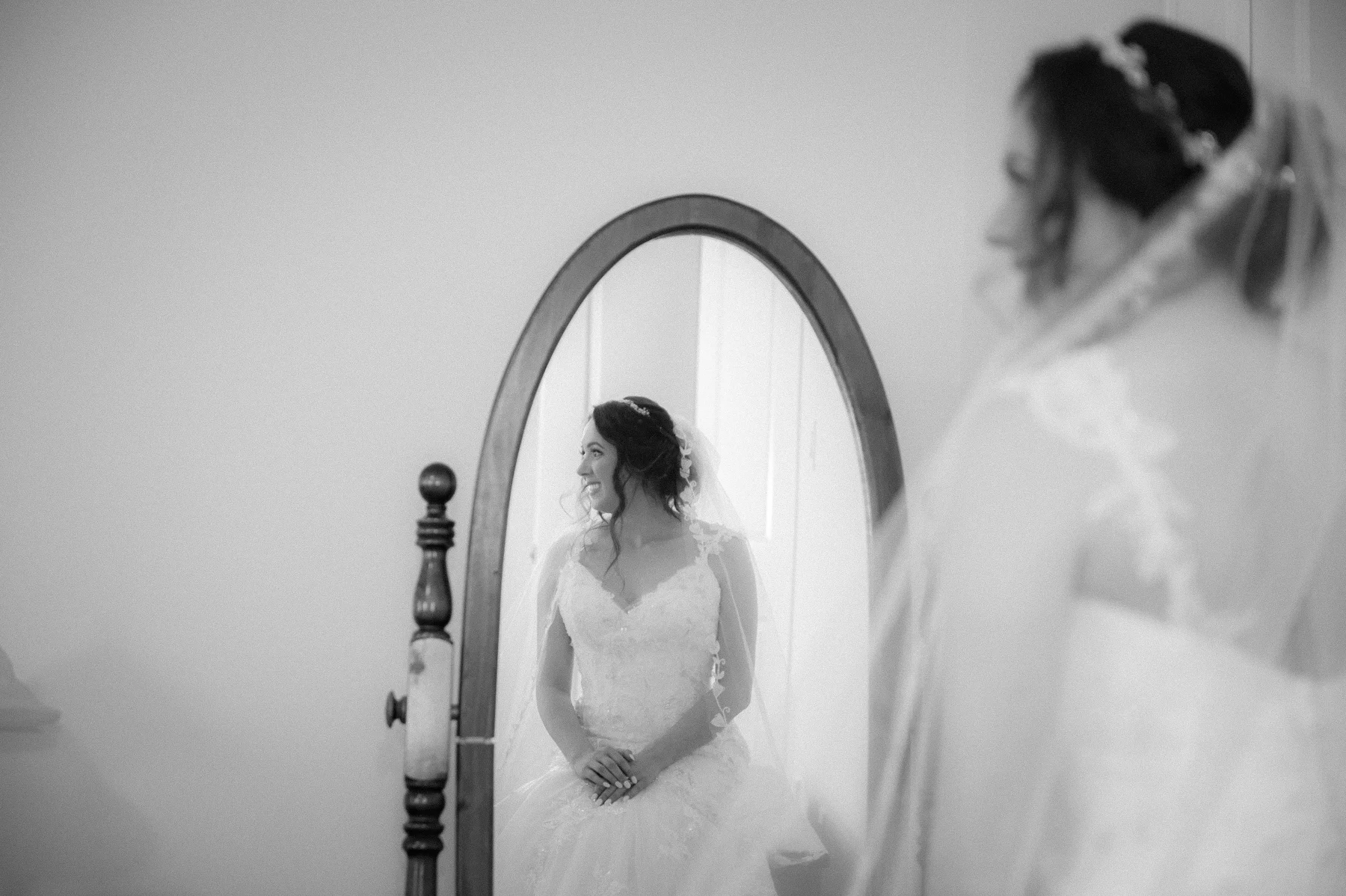 Black and White bride photo in mirror