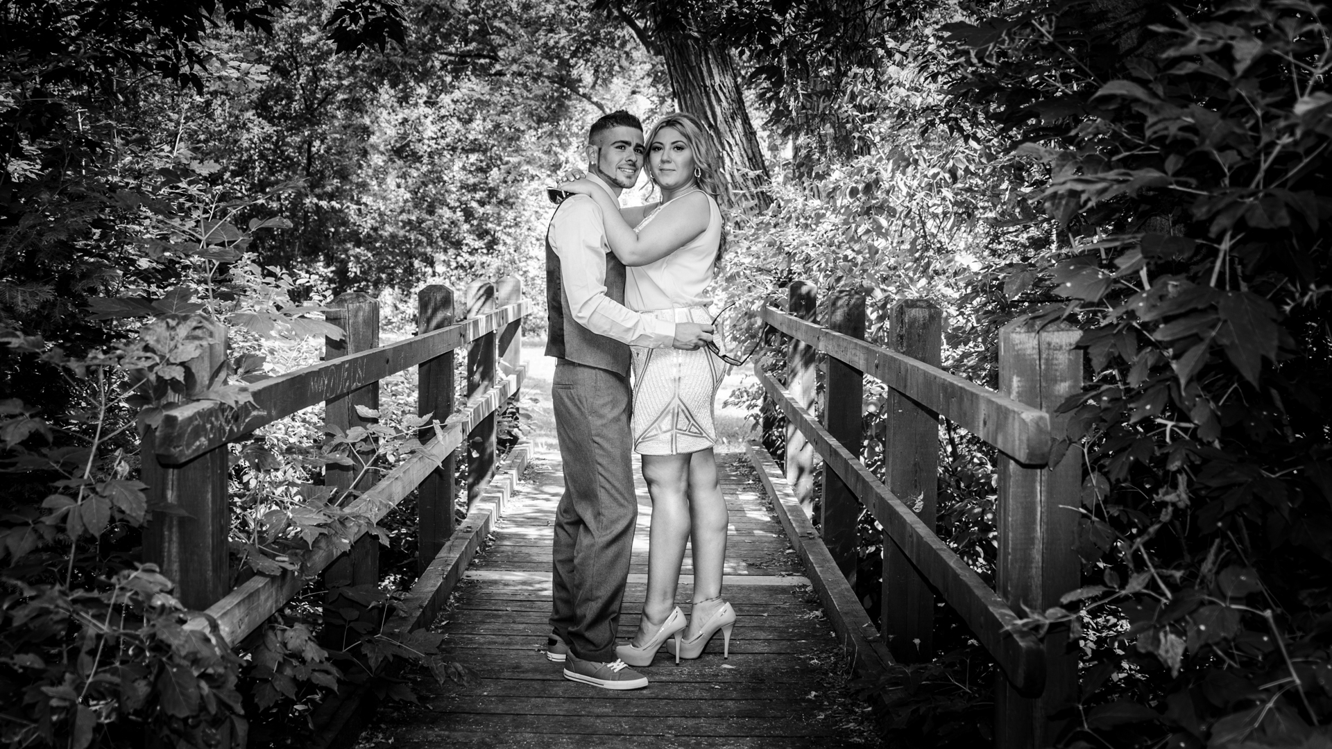 Mill pond black & white engagement portrait