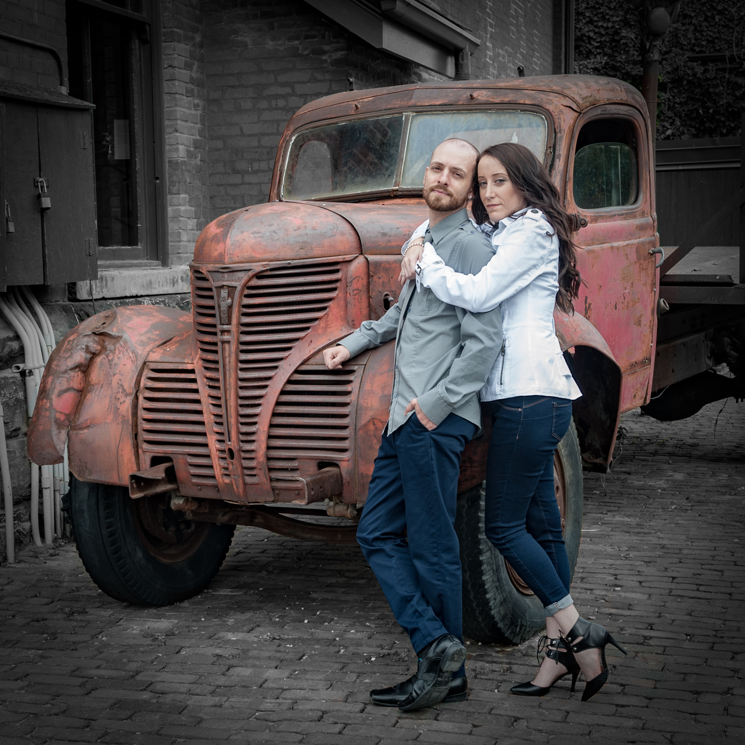 Old truck at distillery district engagement photo