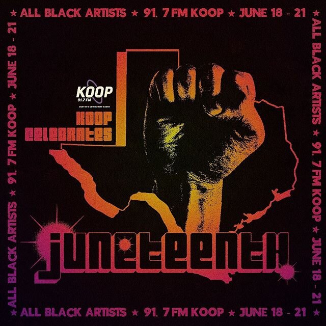 #Repost @koopradio ・・・
Starting tomorrow we have a Freedom Day celebration you don&rsquo;t want to miss. KOOP is celebrating Juneteenth with a multi-day event featuring all Black artists through Sunday. Shows will highlight Black artists, history, an