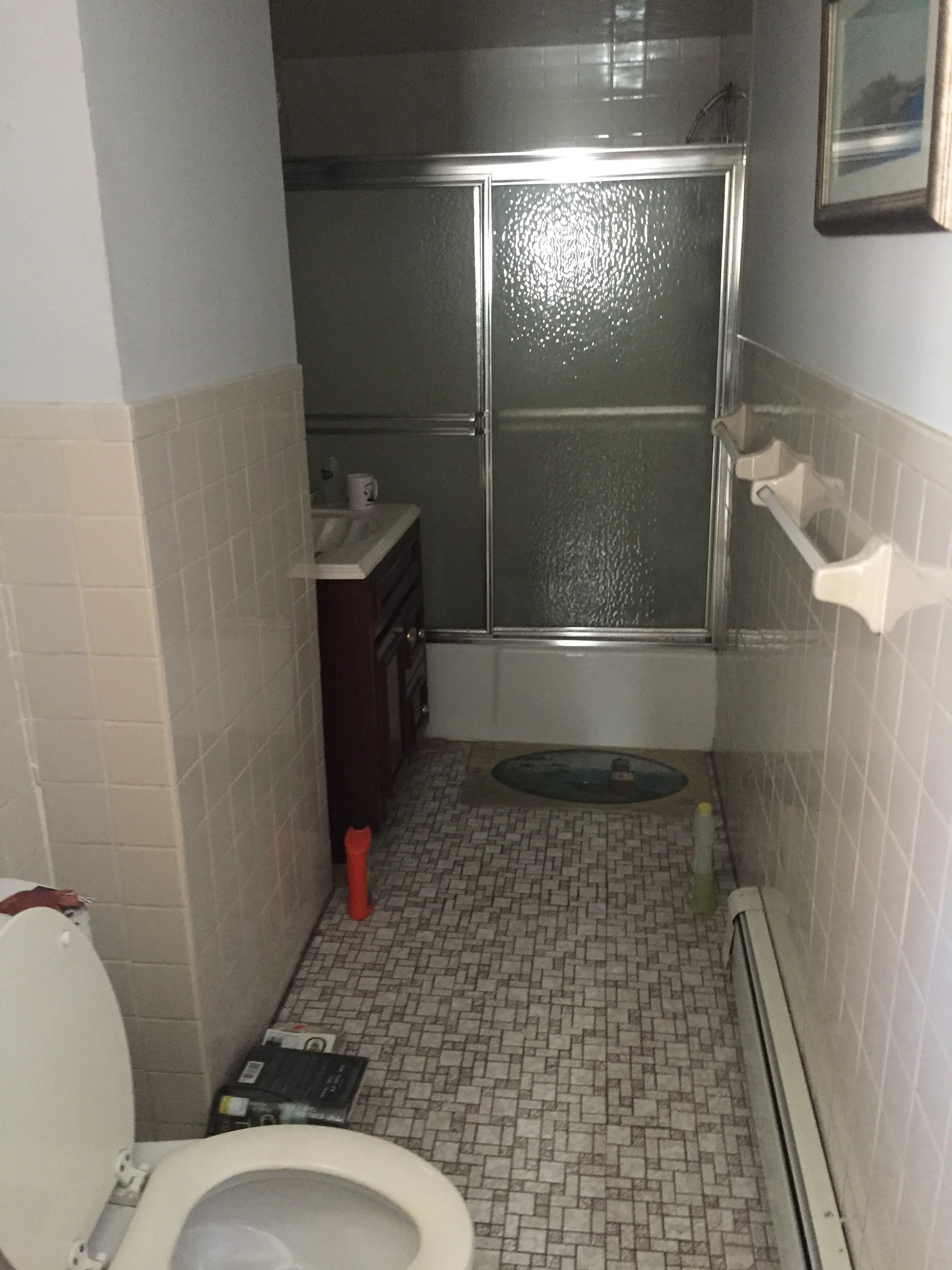 The existing bathrooms are dark and dated.