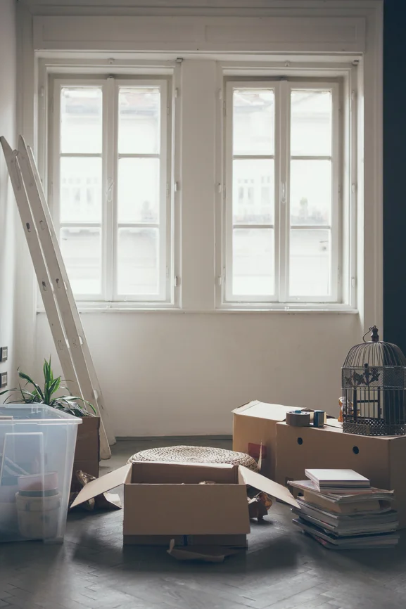 Boxes of home decor items and furnishings in front of a bright window.