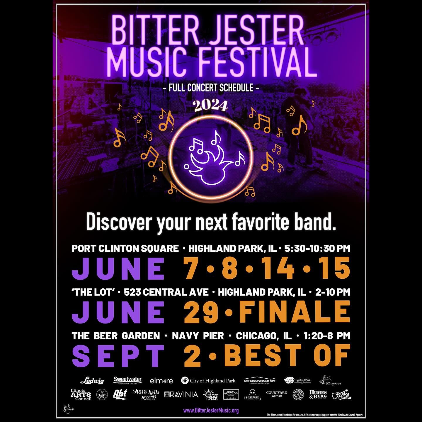 MARK YOUR CALENDARS! Then discover your next favorite band (or solo artist!) at Bitter Jester this summer! 46 artists from across the Midwest &amp; beyond will converge on @downtownhighlandparkil throughout June, 24 of them in competition.

Enjoy bee
