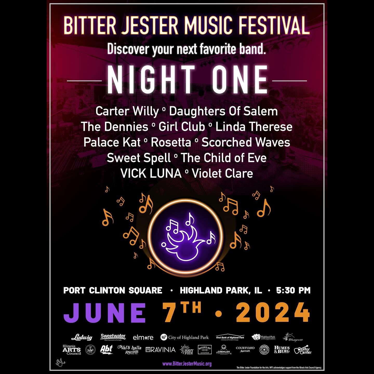 🎶 Bitter Jester Music Fest 2024 🎶 NIGHT ONE LINEUP! Discover your next favorite band at Bitter Jester. See you June 7 in Highland Park! More info in our bio link ⬆️ 

Night 01 Performers:

*OPENING GUEST ARTISTS*
@Daughters0fSalem (IL)
@violetbowdl