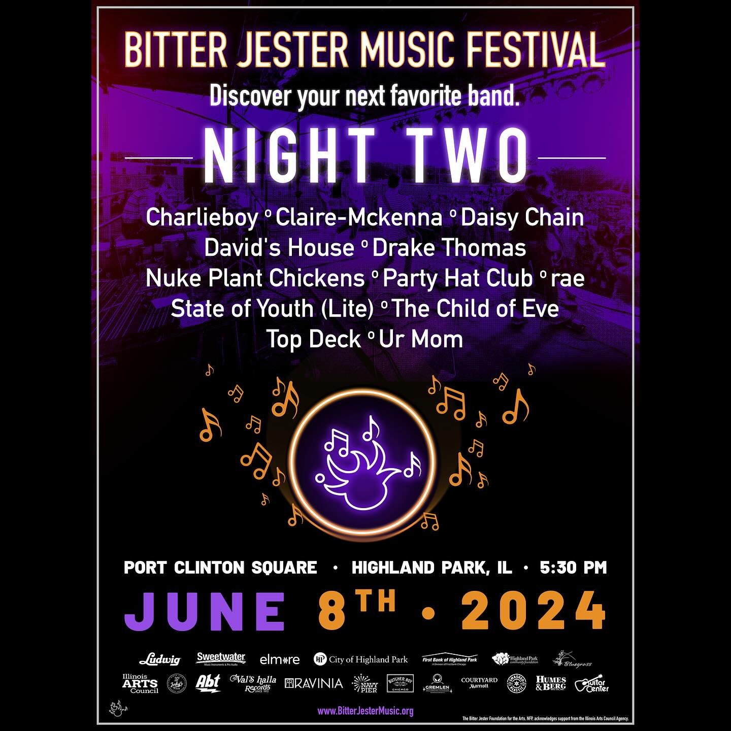 🎶 Bitter Jester Music Fest 2024 🎶 NIGHT TWO LINEUP! Discover your next favorite band at Bitter Jester. See you June 8 in Highland Park! More info in our bio link ⬆️ 

Night 02 Performers:

*OPENING GUEST ARTISTS*
@claire_.mckenna (WI)
@drake_thomas